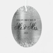 キラキラ銀箔の私たちの第1のクリスマスフォト メタルオーナメント (正面左)