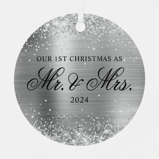 キラキラ銀箔の私たちの第1のクリスマスフォト メタルオーナメント (正面)