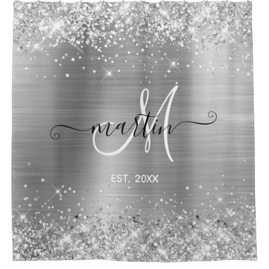 キラキラ銀箔ファミリーモノグラム シャワーカーテン (正面)