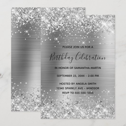 キラキラ銀箔誕生祝い 招待状 (正面/裏面)