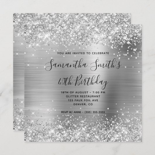キラキラ銀箔40歳の誕生日 招待状 (正面/裏面)