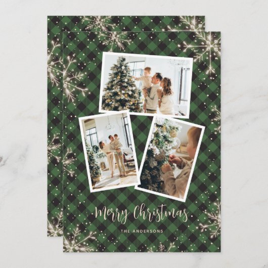 キラキラ雪のグリーンプレイドフォトクリスマス シーズンカード (正面/裏面)