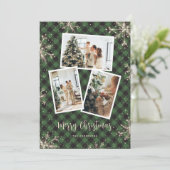 キラキラ雪のグリーンプレイドフォトクリスマス シーズンカード (スタンド正面)