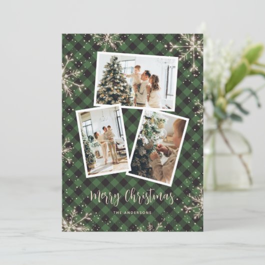 キラキラ雪のグリーンプレイドフォトクリスマス シーズンカード (スタンド正面)