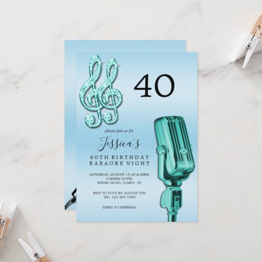 キラキラ音楽ノート&マイクカラオケ誕生日 招待状 (正面/裏面インサイチュ)