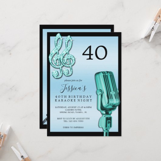 キラキラ音楽ノート&マイクカラオケ誕生日 招待状 (正面/裏面インサイチュ)