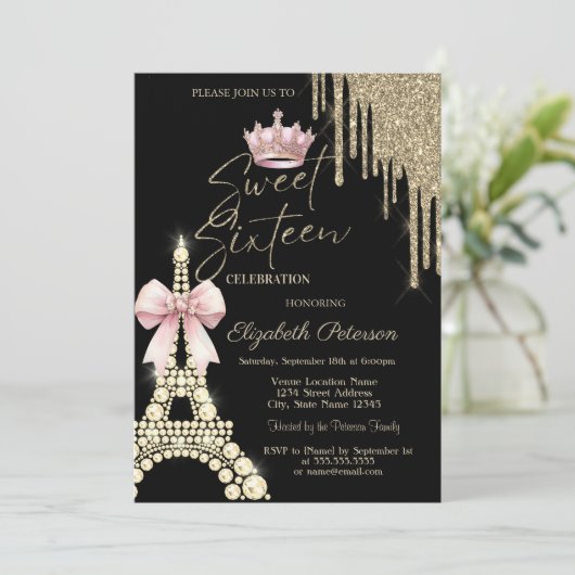 キラキラ+エッフェル塔+リボン+クラウン+スイート16 招待状 (スタンド正面)