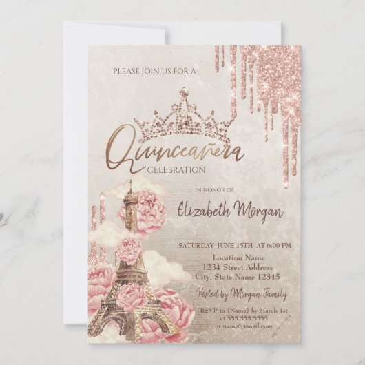 キラキラ クラウン フラワー エッフェル塔 Quinceañera 招待状 (正面)