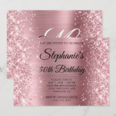 キラキラ ライトピンク箔 モノグラム 50歳の誕生日 招待状 (正面/裏面)