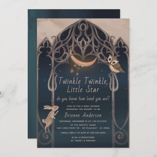 キラッお洒落ク小さな星の赤ん素朴坊シャワー 招待状 (正面/裏面)