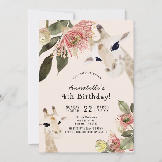 キラフェピンクフローラガール誕生日 招待状 (正面)