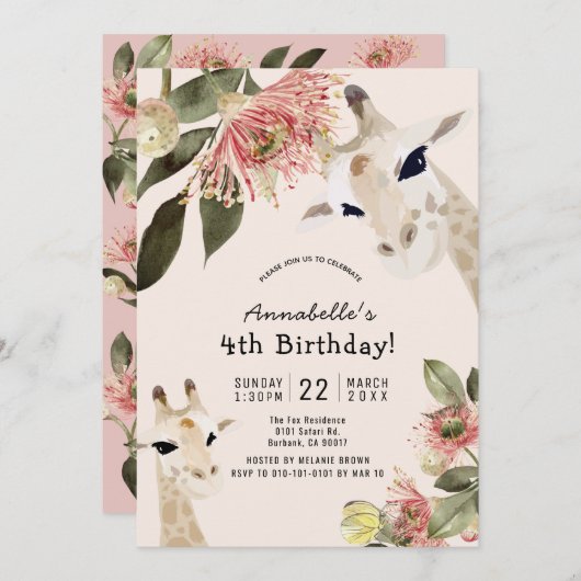 キラフェピンクフローラガール誕生日 招待状 (正面/裏面)