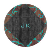 キラフェブラウンとティール(緑がかった色)プリント カッティングボード (正面)