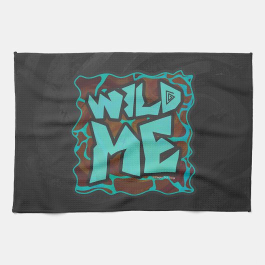 キラフェブラウンとティール(緑がかった色)プリント キッチンタオル (横)