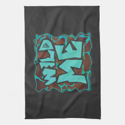 キラフェブラウンとティール(緑がかった色)プリント キッチンタオル (縦)