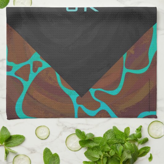 キラフェブラウンとティール(緑がかった色)プリント キッチンタオル (折り畳み)