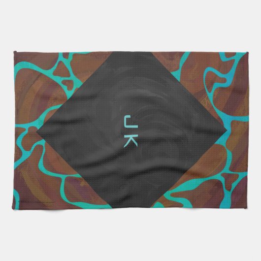 キラフェブラウンとティール(緑がかった色)プリント キッチンタオル (横)