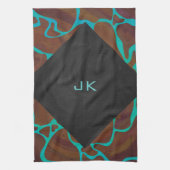 キラフェブラウンとティール(緑がかった色)プリント キッチンタオル (縦)