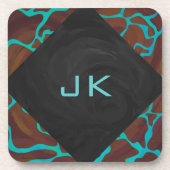 キラフェブラウンとティール(緑がかった色)プリント コースター (正面)