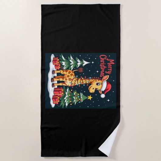 キラフェメリークリスマスツリー照明サンタギラフ ビーチタオル (正面)