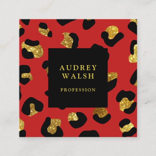 キラリガーリーティ金ゴールドレッドヒョウ印刷ラグジュアリー スクエア名刺 (正面)