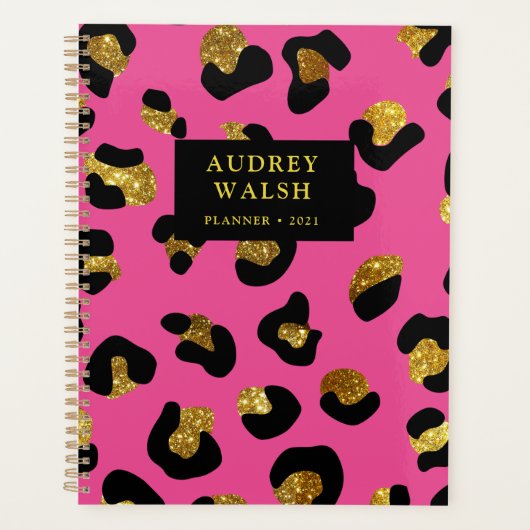 キラリガーリーティ金ゴールド明るい赤紫色ヒョウ印刷ラグジュアリー プランナー手帳 (正面)