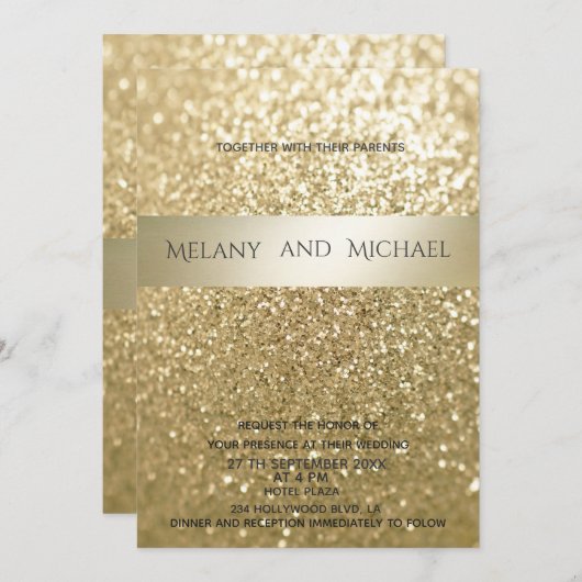 キラリファンシーティエレガントモダン金ゴールドストライプ 招待状 (正面/裏面)