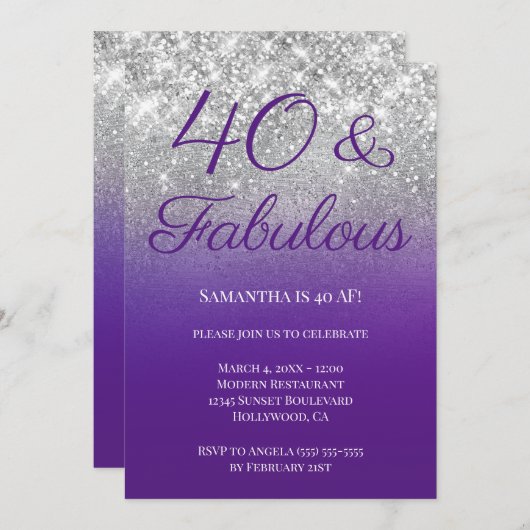 キラリ王室のティパープルシルバー40グラデーションと素晴らしい 招待状 (正面/裏面)