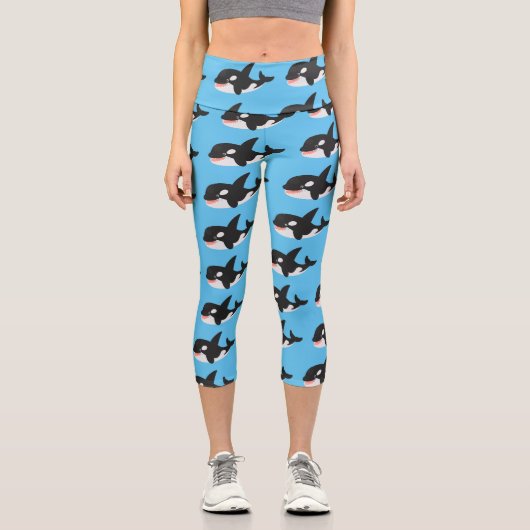 キラーおもしろいホエールオルカかわいい漫画イラストレーション カプリレギンス (正面)