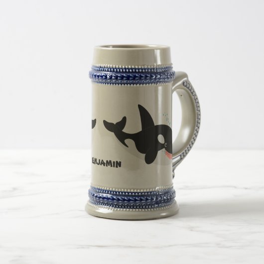 キラーおもしろいホエールオルカかわいい漫画イラストレーション ビールジョッキ (正面右)