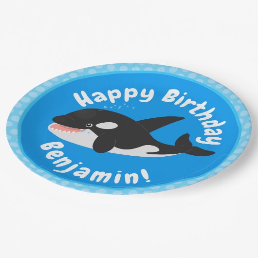 キラーおもしろいホエールオルカかわいい漫画イラストレーション ペーパープレート (アングル)