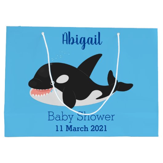 キラーおもしろいホエールオルカかわいい漫画イラストレーション ラージペーパーバッグ (裏面)