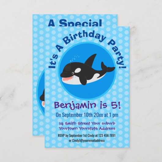 キラーおもしろいホエールオルカかわいい漫画イラストレーション 招待状 (正面/裏面)
