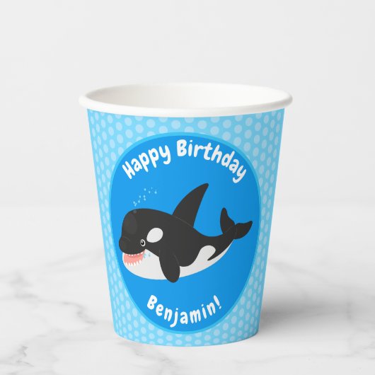 キラーおもしろいホエールオルカかわいい漫画イラストレーション 紙コップ (正面)