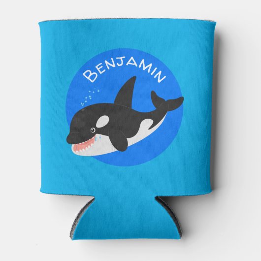 キラーおもしろいホエールオルカかわいい漫画イラストレーション 缶クーラー (正面)