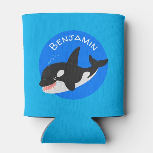 キラーおもしろいホエールオルカかわいい漫画イラストレーション 缶クーラー (裏面)