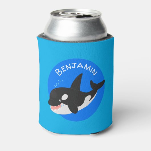 キラーおもしろいホエールオルカかわいい漫画イラストレーション 缶クーラー (缶裏面)