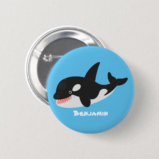 キラーおもしろいホエールオルカかわいい漫画イラストレーション 缶バッジ (正面&裏面)