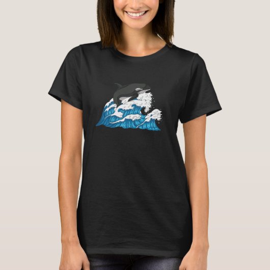 キラーホエールウェーブズ海アニマルオルカ長袖 Tシャツ (正面)