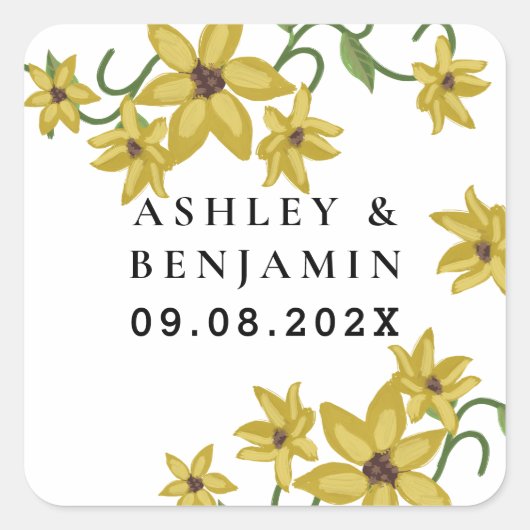 キリギリスイエロー花植物学手描きオイル スクエアシール (正面)