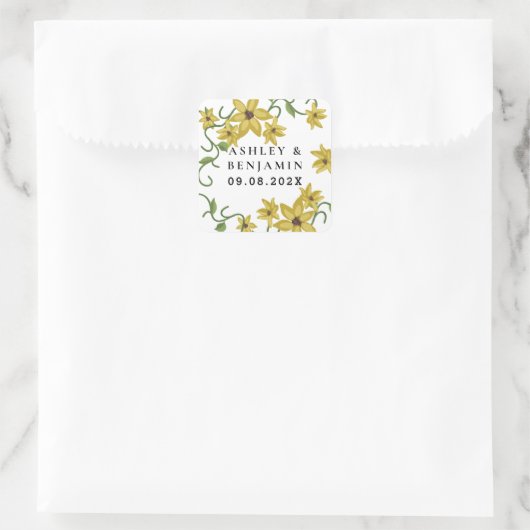 キリギリスイエロー花植物学手描きオイル スクエアシール (バッグ)