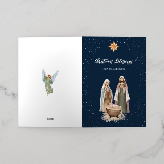 キリストの降誕の場面の赤ちゃんイエス キリスト教の宗教的 箔シーズンカード (外側レイダウン)
