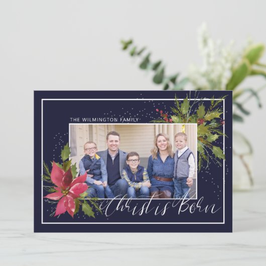 キリストはホリ生まれー写真ブルークリスマス シーズンカード (スタンド正面)