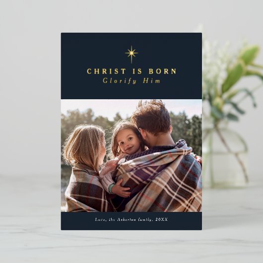 キリストは彼の生まれ宗教的な聖降誕祭を讃える 箔シーズンカード (立ち正面)
