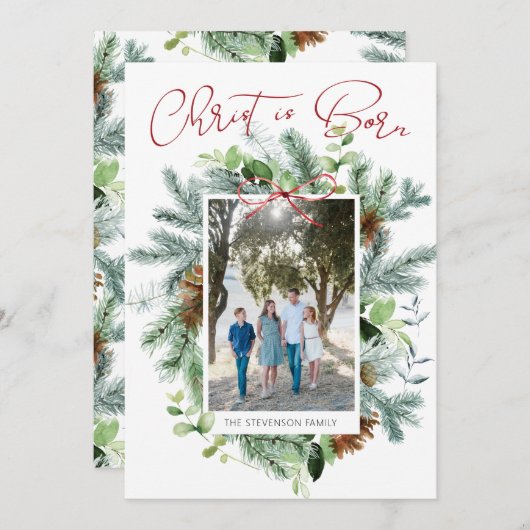 キリストは生まれた フォト ウィンター グリーンナリー シーズンカード (正面/裏面)