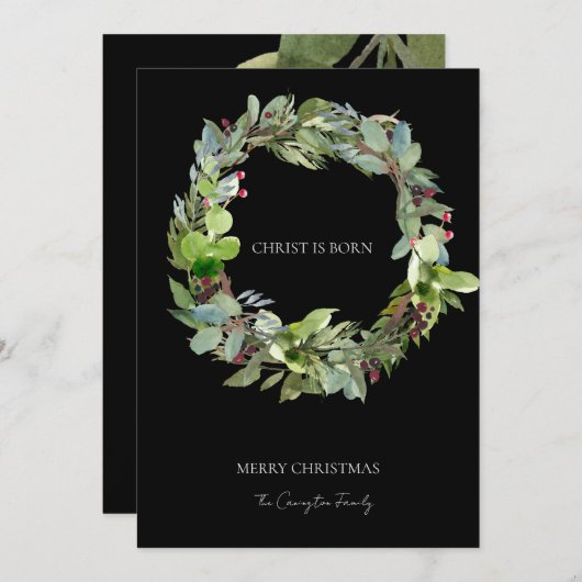 キリストは生まれクリスマスの緑の黒いクリスマス シーズンカード (正面/裏面)