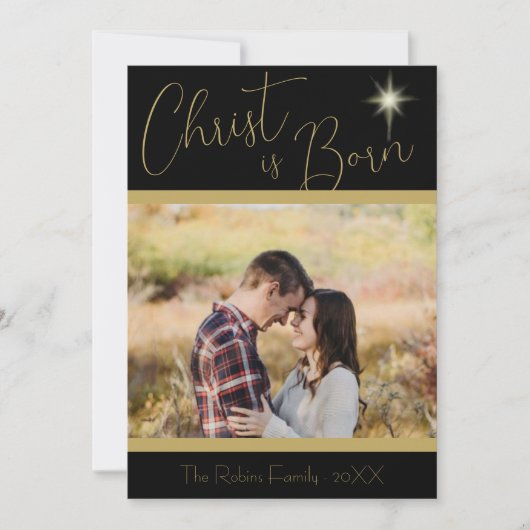 キリストは生まれ聖なる書物、 経典ブラック金ゴールドクリスマススター シーズンカード (正面)