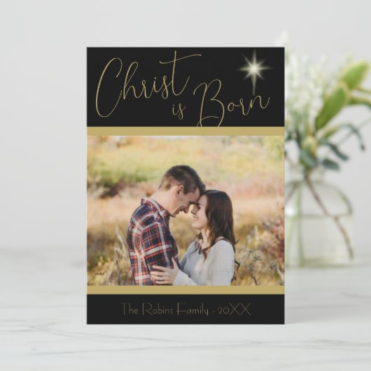 キリストは生まれ聖なる書物、 経典ブラック金ゴールドクリスマススター シーズンカード (スタンド正面)