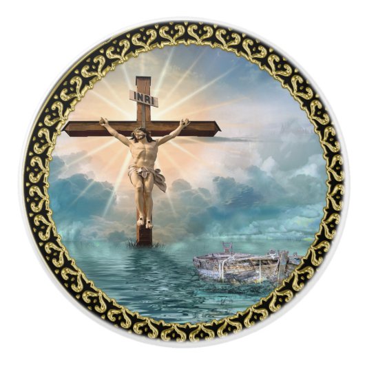 キリストぶら下がった教の十字架からのイエス様。 セラミックノブ (正面)