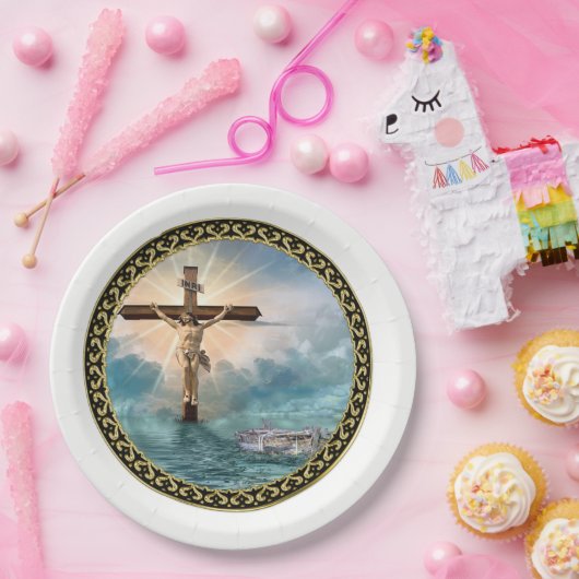 キリストぶら下がった教の十字架からのイエス様。 ペーパープレート (パーティー)